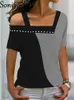 Sets Frauen Sommer Farben Kontrast Tops Mode Aushöhlen Diamant Kurzarm T-shirts Damen Straße Casual Sexy Off Schulter T-shirt