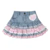 Jupes Sweet Lolita Mini Denim Jupes Femmes Gothique Dentelle Plaid Coeurs Volants Jk Jupe Filles Japonaises Sexy Y2k Punk Jupe À Volants 230725