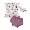 Ensembles de vêtements nés Baby Girls Vêtements T-shirts courts volants d'été floraux Summer le bandeau 3pcs