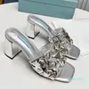 Summer Golden Womens Slide Mid Heel Sandals Pantoufles Designers Top Metal Label Cuir Caoutchouc Talons hauts