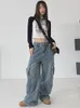 Jeans pour femmes multi-poches rétro bleu couleur femmes taille haute Jean pantalon 2000s dames lâche droite Denim pantalon Y2K Harajuku Streetwear