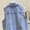 Women's Vests Light Blue Denim Vest Women Waistcoat Spring Korean Big Pocket Cowboy Sleeveless Jacket Female Loose Short Frayed Jeans