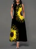 Abiti casual di base Abito estivo Donna Girasole Stampa Vestito estivo senza maniche Scava fuori O Collo Moda sottile Orlo lungo Abito lungo nero Vestidos 230725