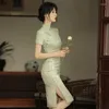 Ethnic Clothing 2023 Spring Green Cheongsam Vintage Improved Daily Mid Long Dress Short Sleeve Elegant Dresses With Liner S To 2XL