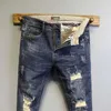 Jeans pour hommes en gros Mode Pas de repassage taille basse lavage r bord pieds minces pantalons hommes printemps déchiré trous cheville longueur jeans 230316 L230726