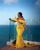 2023 Aso Ebi Vestido de Baile Amarelo Sereia Lantejoulas Renda Frisada Noite Festa Formal Segunda Recepção Aniversário Noivado Vestidos Robe De Soiree ZJ765