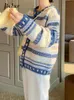 Kadın Örgü Tees Jielur Sweater Düğmeleri Mavi Çizgili Hardigan Uzun Kollu Vintage Sıradan Moda Bol Cadigans Bayan Dış Giyim Üstleri 230725
