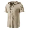 Erkek Tişörtleri 2023 V-Neck T-Shirt Yaz Erkekler Kısa Kollu Kapşonlu Tshirt Pamuk ve Keten Günlük Erkek Tişört Gömlek Top