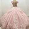 Pembe lüks tatlı 15 parti çiçek quinceanera elbiseler dantel kristal boncuk 3dflower arka inciler boyun vestidos de 15 anos