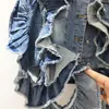 Kvinnors västar vintage blå frayed v hals cowboy midja ruffles skarvade denim väst kvinnor koreanska lösa korta jeans ärmlös jacka