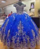 2023 Glitter -paljetter Tulle Quinceanera klänningar Toyal Blue and Gold broderade pärlor Crystal Ball -klänningar från axeln Sweet 16 Dres