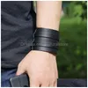 Bangle Double Belt Leather Cuff Black Wide Button Justerbar armband Handband för män Kvinnor Fashion Jewelry Drop Delivery Armband DHDBB