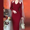 2023 New Fashion Solid Color Socialite Knitted Skirt Long Sleeve Waist Slit Cover Hip Over The Knee Women SuitDress