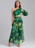 Casual Dresses Women Chains Floral Print Long Dress Summer Green One Shoulder Cut Out Sleeve High Split Vacation Beach Party