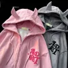 Herrtröjor tröjor nya japanska broderier salvia japonica söt djävulens hoodie tröja kvinnors höst/vinter hoodie sammet tjock zip jacka z230726