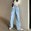 Kvinnors jeans baggy kvinnor vintage streetwear mamma hål rak denim byxor avslappnad bred ben koreansk version y2k oregelbunden