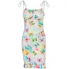 Casual Dresses Women's Sexy Dress Halter Camisole Print Binds Wrap Summer Ruffles Sundress Butterfly Female Party Elegant