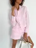 Damen-Trainingsanzüge, rosa Leinen-Shorts-Sets, 2023 Sommer-Outfits für Frauen, 2-teilig, elegante Langarm-Stehkragen-Oberteile, lässige Mode-Anzüge