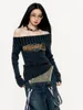 Women's Sweaters Striped Gothic Women Off Shoulder SLim Knitted Pullover Frayed Fairy Grunge Jumpers Emo Streetwear Lolita XC040