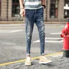 Summer Jeans Men's Fashion Casual Slim Byxor Solid Color Hole Denim Ankle Length Pants 210318 L230726