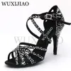 サンダルWuxijiao Women Party Dance Shoes Satin Shining Rhinestonesソフトボトムラテンの女性Salsa Heel5cm10cm 230726