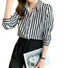 2023 Mode Gestreepte Shirts Designer Tops Dames Lange Mouw Revers Formele Klassieke Button Up Shirts Elegant en Jeugd Plus Size Blou316R