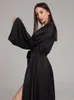 Damen Nachtwäsche Weiß Schwarz Satin Robe Nacht Peignoir Dünnes Langarm Hochzeitskleid Damen Morgenmantel Sexy Brautkleider