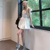 Casual Dresses Summer Sweet Y2k Girl Pleated Little Silver White Mini Dress Sexy Sleeveless Fashion Pearl Belt Slash Neck Ballet Strap