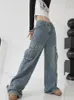 Jeans pour femmes multi-poches rétro bleu couleur femmes taille haute Jean pantalon 2000s dames lâche droite Denim pantalon Y2K Harajuku Streetwear