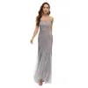 Women's Sequin V-Neck Sleeveless Mermaid Long Prom Dresses Chiffon Semi-Formal Maxi Evening Dress Elegant Sexy Backless Waist Bodycon Wrap Mermaid Cocktail Dresses