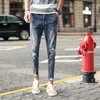 Summer Jeans Men's Fashion Casual Slim Byxor Solid Color Hole Denim Ankle Length Pants 210318 L230726