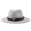 Western Cowboy verstellbarer Strohhut Bowler Panama Fedora Cap mit Kuhkopf Outdoor Strand Sonnenhut Sombrero