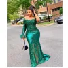 Plus Size Arabo Aso Ebi Verde Sirena Abiti da ballo con paillettes Pizzo con perline Sheer Neck Evening Formal Party Ricevimento Abiti da damigella d'onore