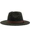 Berets Unisex Flat Brim Wool Feel Women Jazz Fedora Hats Men Leopard Grain Leather Band Decor Trilby Panama Formal 56-58 см.