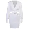 Casual Dresses Y2K Women One-piece Suit Dress Long Sleeve Hollow Out Elegant White Satin Blazer Wrap Bodycon Office Chiffon Mini