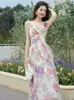الفساتين غير الرسمية الصيفية الصلبة الفستان الشيفون فستان printfloral نحيف مشد الخصر