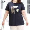 Dräkter sommarkläder för kvinnor modebesättning nacke geometrisk tryckning kort hylsa pullover thirt casual lös marinblå plus size topp