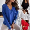 Women's Sweaters Women Shirt Long Sleeve Loose Sweater Solid Color Tops Cuff Buttons V-Neck Classic Basic Hoody Pullover