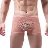 Caleçon Sexy Gay Sissy sous-vêtements dentelle boxeurs hommes voir à travers la Lingerie érotique maille poche de renflement culotte Hombre Boxer Shorts