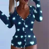 Vrouwen Nachtkleding Vrouwen Sexy Liefde Gedrukt Jumpsuit Drukknoop Crotchless Bodysuits Slanke Volledig Gedemonteerde Pyjama Lange Mouwen Romper