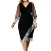 Plus size Dresses Women Plus Size Curve Sequin Evening Dresses V Neck Ruched Mesh Sleeve Spring Summer Sexy Irregular Hem Midi Black Elegant Dress 230726