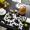 Tapis de table noir et blanc vache motif Art napperons ensemble de 4/6 pièces cuisine café accessoires sous-verres maison salle à manger décor lin