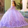 Lavendel sexig axelbandslös bollklänning quinceanera klänningar 3d blommapplikationer tull cinderella 16 prinsessor klänningar vestidos de 15 anos