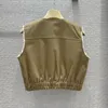 Fatos de treino femininos 23 Conjunto de shorts de colete de algodão caqui vintage Moda decote em V Bolso sem mangas Jaqueta de cintura alta Academia Feminina Terno de 2 peças