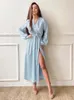 Women's Sleepwear Hiloc Blue Satin Robes For Women Nightdress Lantern Long Sleeve Night Dress Bathrobe 2023 Autumn Robe