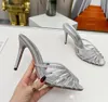 Designer Aquazzura Sandaler Crystal Open Toe Pointed Hot Diamond Hollow Muller Shoes Women's Thin High Heels Bekväma Fashion Women's Slippers EU35-42 med låda