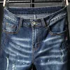 Mäns män hiphop rippade nödställda stretch smala fit jeans byxor streetwear man hål bläck tryckt casual tiggar denim byxor 211009 l230726