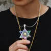 Hip Hop Big Satellite Pendant Hexagram Star Necklace Full Colorful Zircon Gold