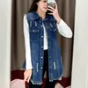 Femmes gilets 2023 printemps sans manches jean veste femmes mode mince trou gilet été Long manteau femme grande taille Denim gilet 5XL 6XL