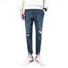Summer Jeans Men's Fashion Casual Slim Byxor Solid Color Hole Denim Ankle Length Pants 210318 L230726